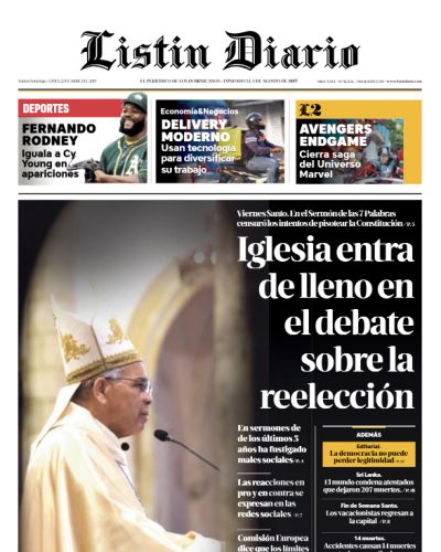 Portada Periódico Listín Diario, Lunes 22 Abril 2019