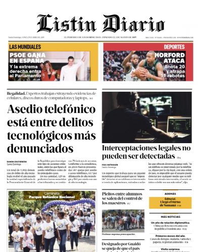 Portada Periódico Listín Diario, Lunes 29 Abril 2019
