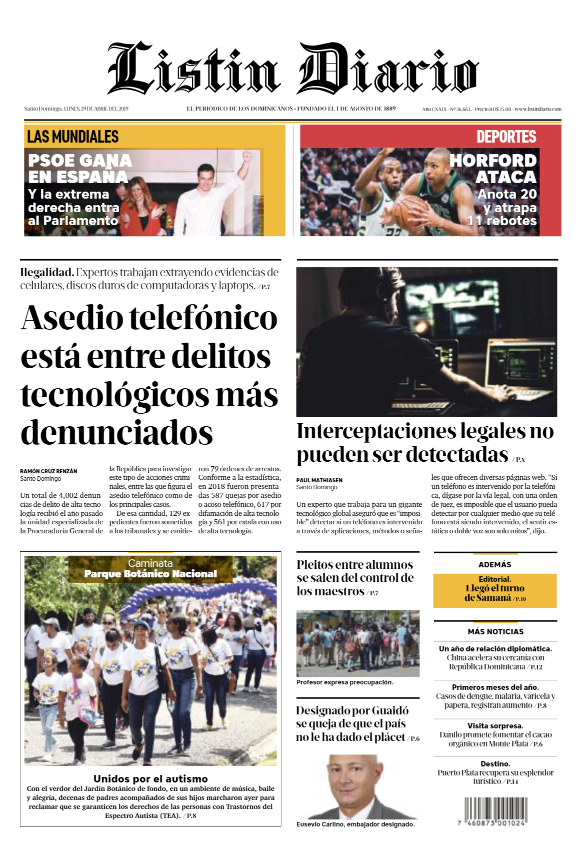 Portada Periódico Listín Diario, Lunes 29 Abril 2019