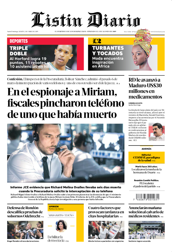 Portada Periódico Listín Diario, Martes 02 Abril 2019