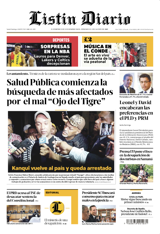 Portada Periódico Listín Diario, Martes 09 Abril 2019