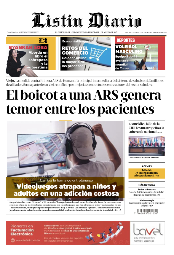 Portada Periódico Listín Diario, Martes 30 Abril 2019