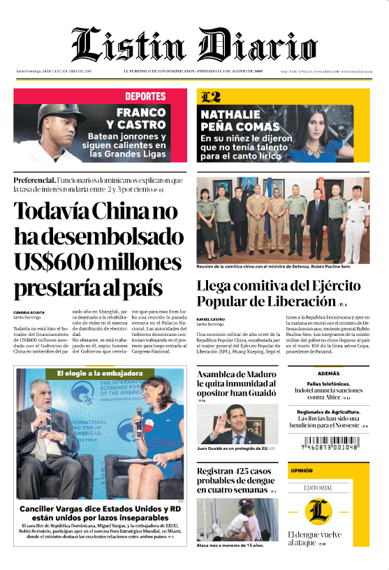 Portada Periódico Listín Diario, Miércoles 03 Abril 2019