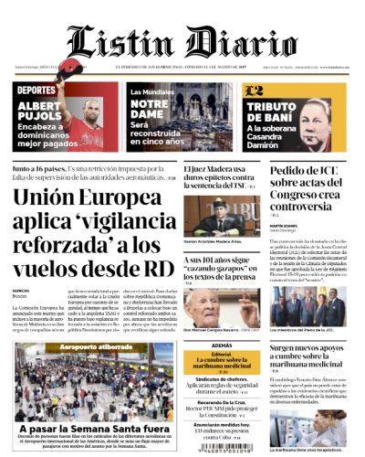 Portada Periódico Listín Diario, Miércoles 17 Abril 2019
