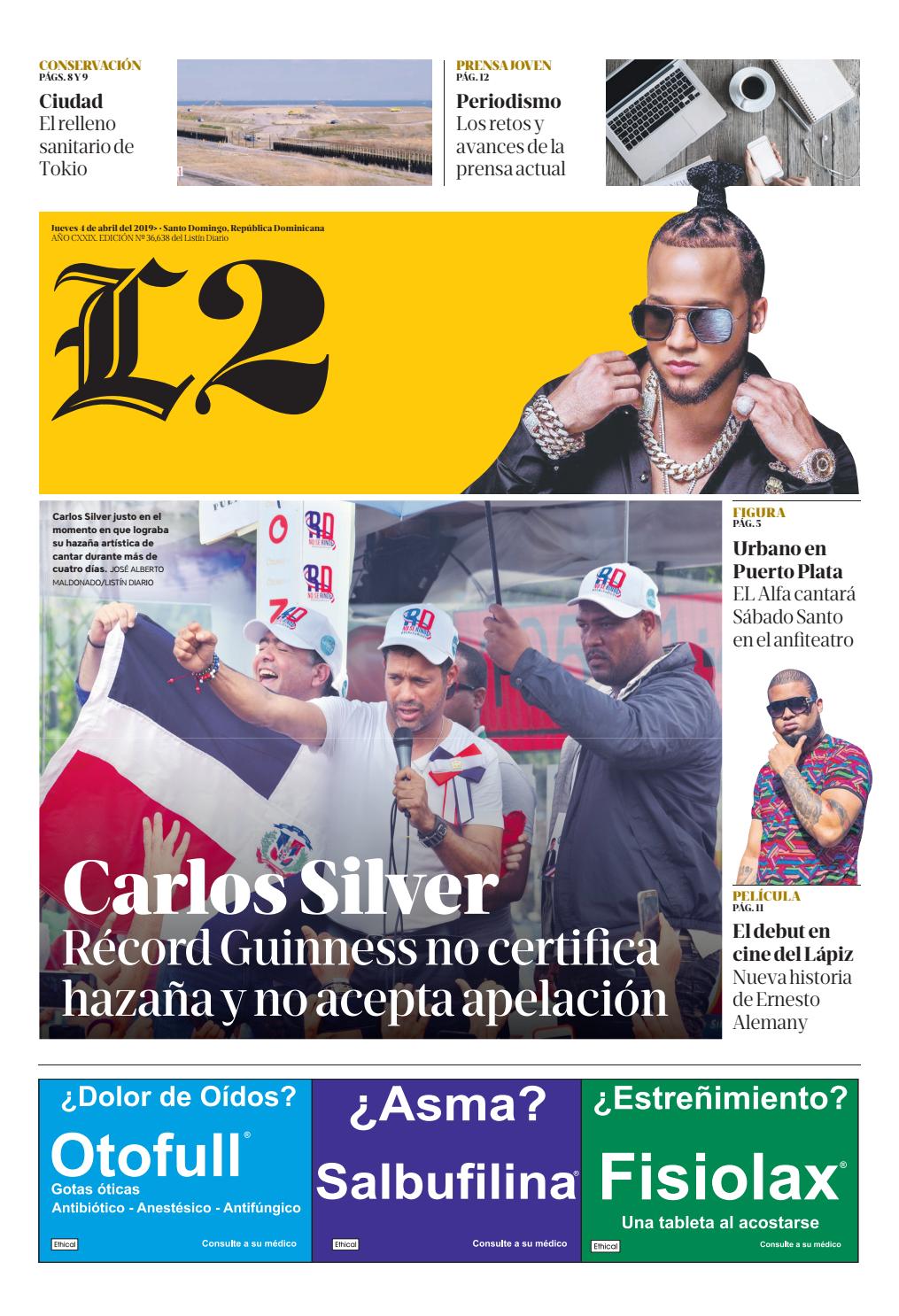 Portada Periódico Listín Diario – Sección L2, Jueves 04 Abril 2019