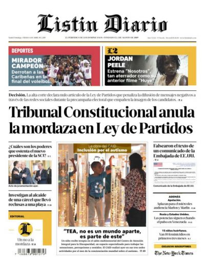 Portada Periódico Listín Diario, Sábado 06 Abril 2019