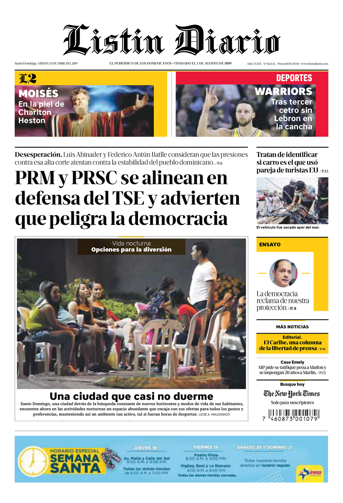 Portada Periódico Listín Diario, Sábado 13 Abril 2019