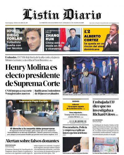 Portada Periódico Listín Diario, Viernes 05 Abril 2019