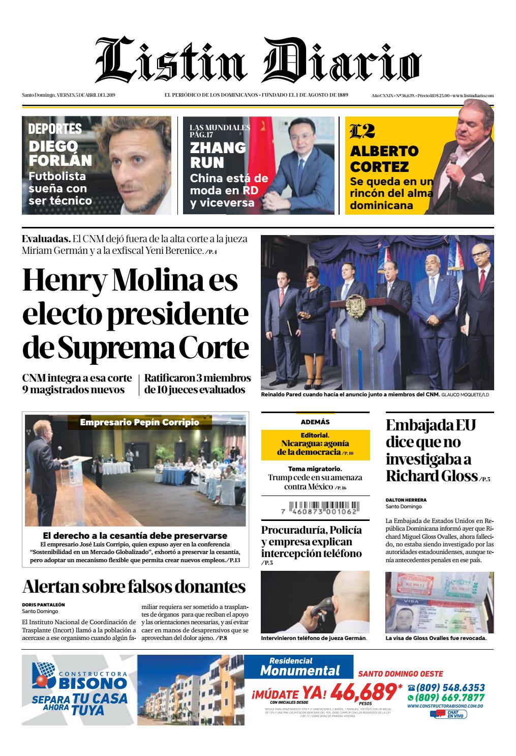 Portada Periódico Listín Diario, Viernes 05 Abril 2019