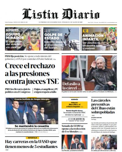 Portada Periódico Listín Diario, Viernes 12 Abril 2019