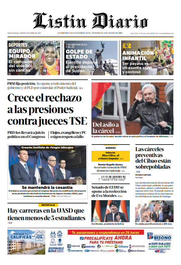 Portada Periódico Listín Diario, Viernes 12 Abril 2019