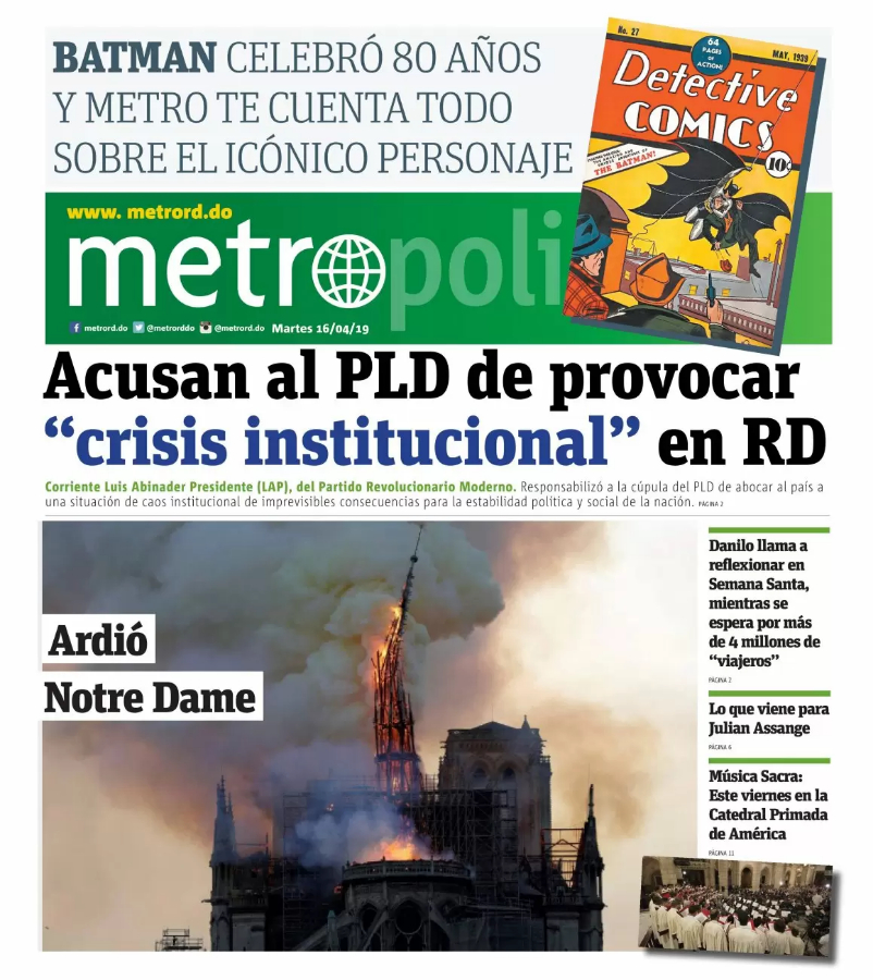 Portada Periódico Metro, Martes 16 Abril 2019