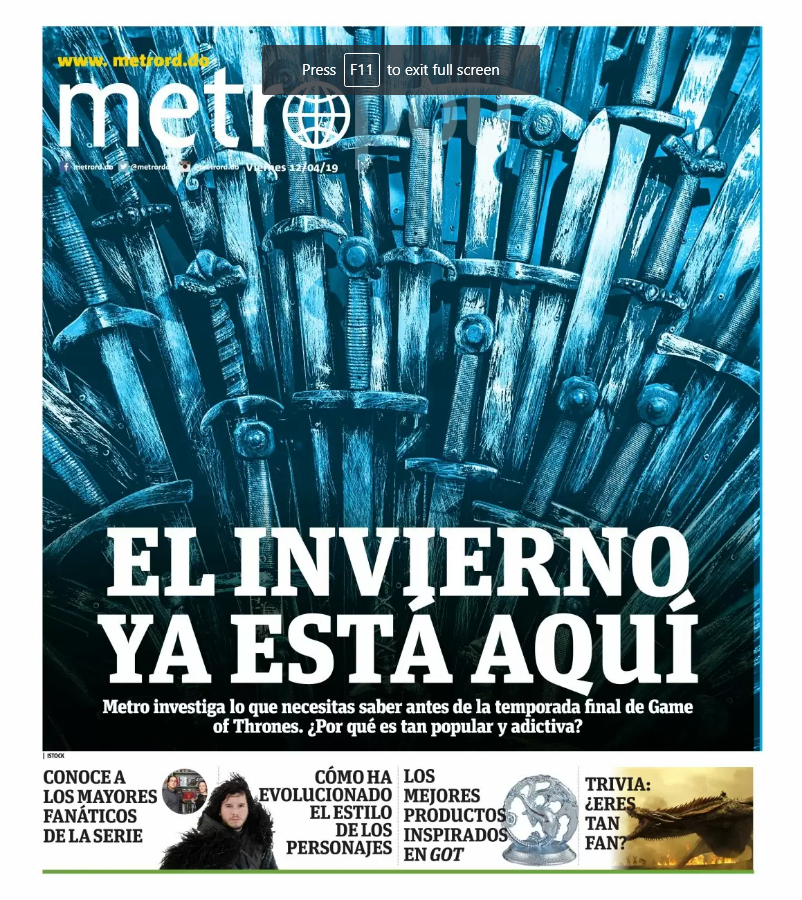 Portada Periódico Metro, Viernes 12 Abril 2019