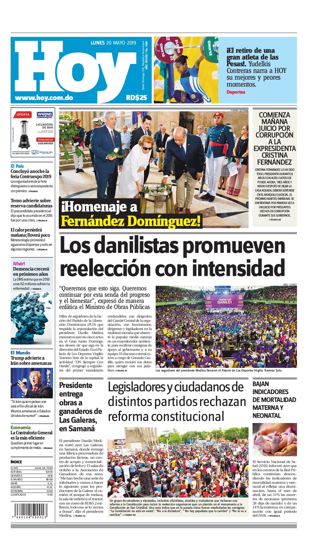 Portada Periódico Hoy, Lunes 20 Mayo 2019 - Dominicana.do