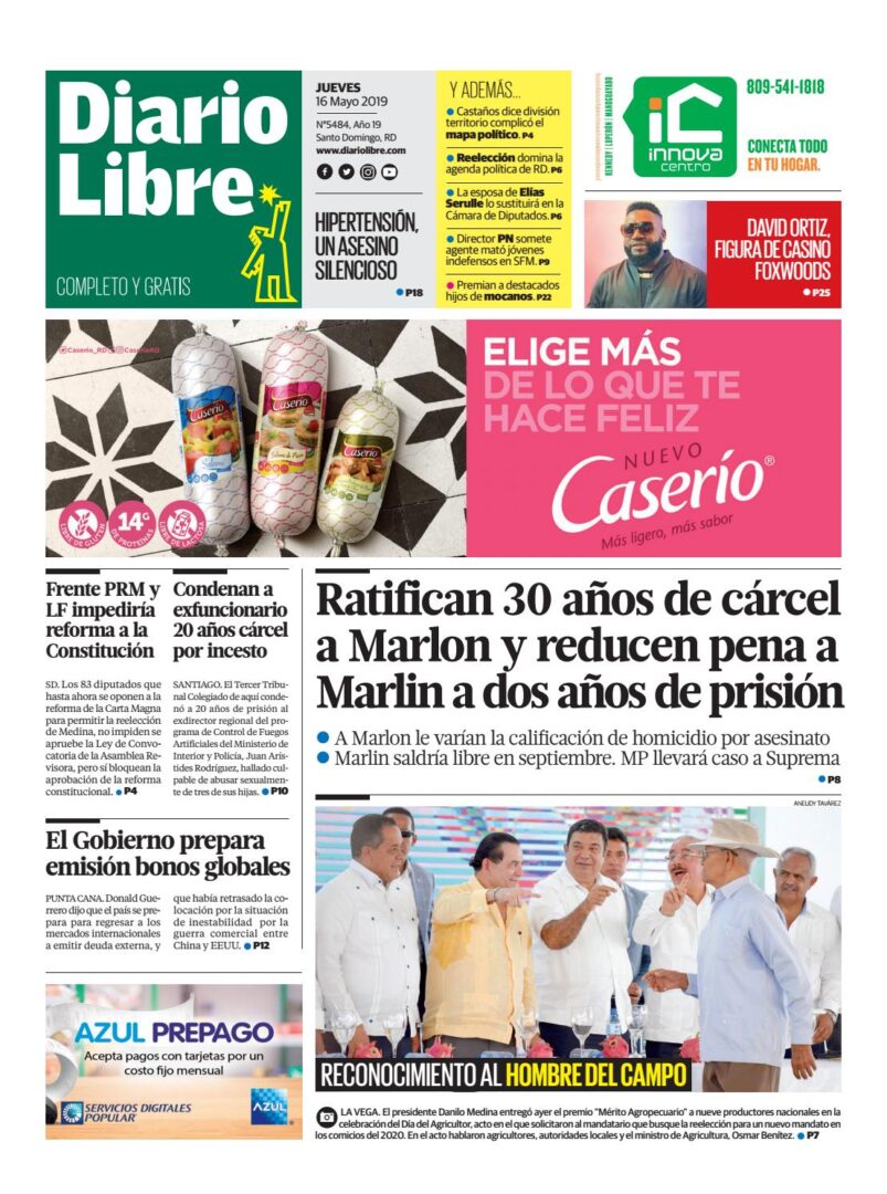 Portada Periódico Diario Libre, Jueves 16 Mayo 2019