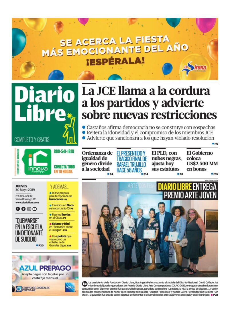 Portada Periódico Diario Libre, Jueves 30 Mayo 2019