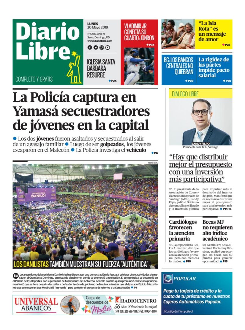 Portada Periódico Diario Libre, Lunes 20 Mayo 2019