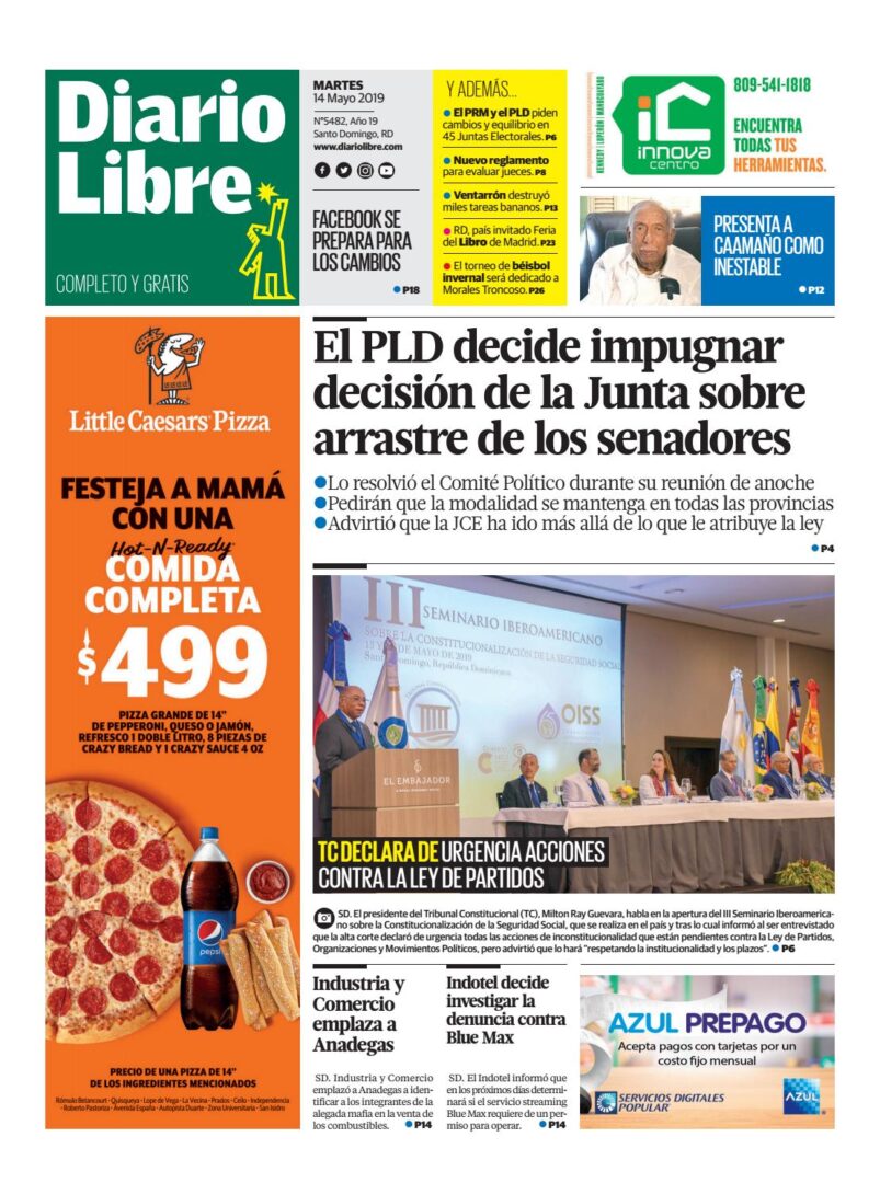 Portada Periódico Diario Libre, Martes 14 Mayo 2019