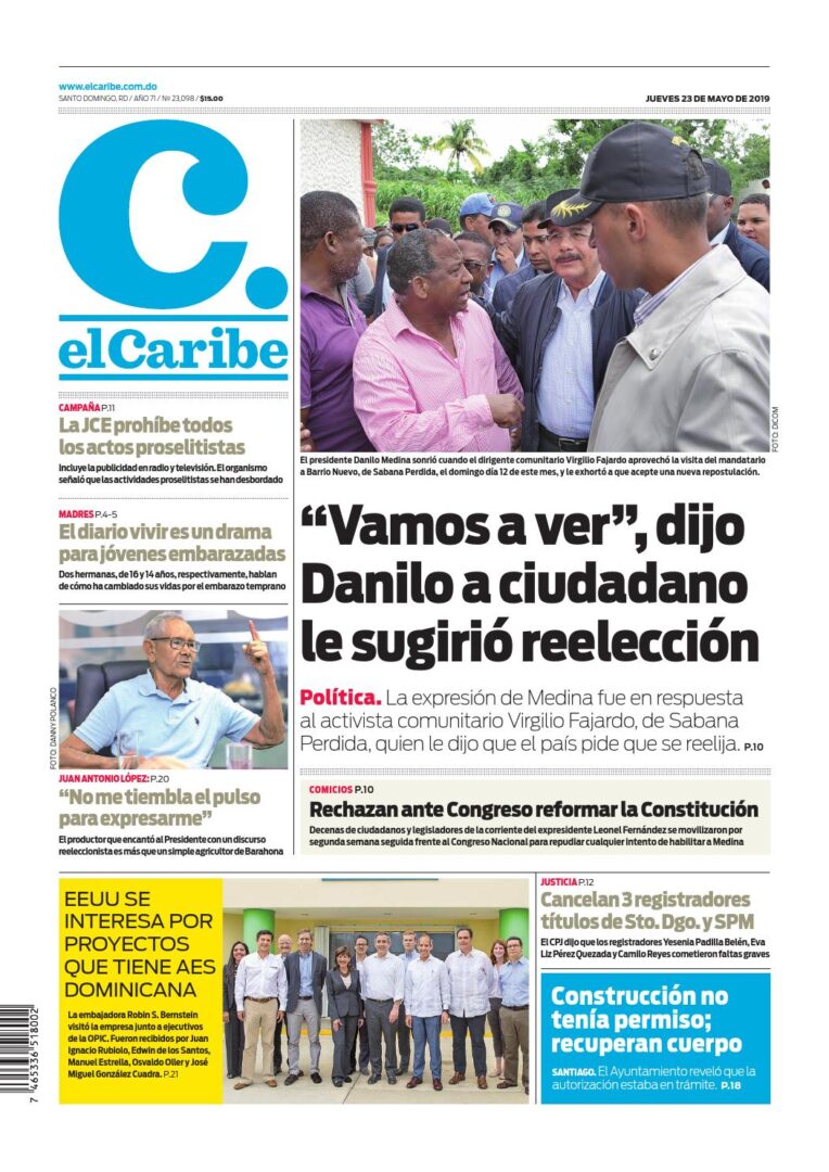 Portada Periódico El Caribe, Jueves 23 Mayo 2019