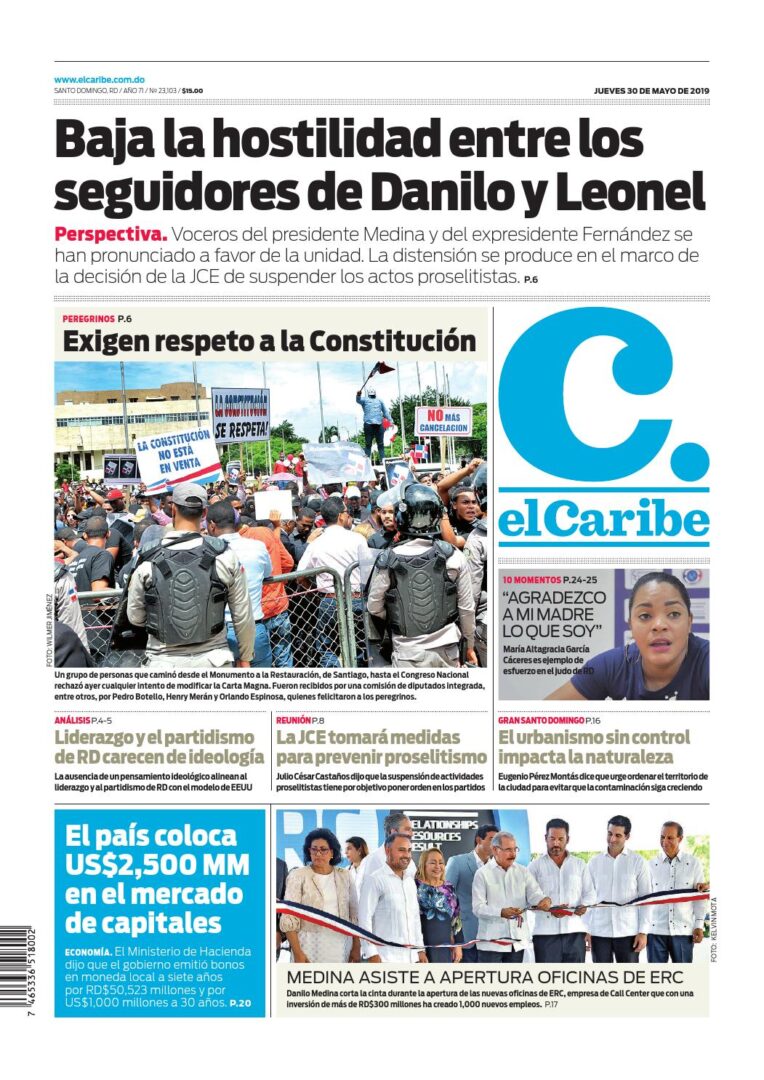 Portada Periódico El Caribe, Jueves 30 Mayo 2019