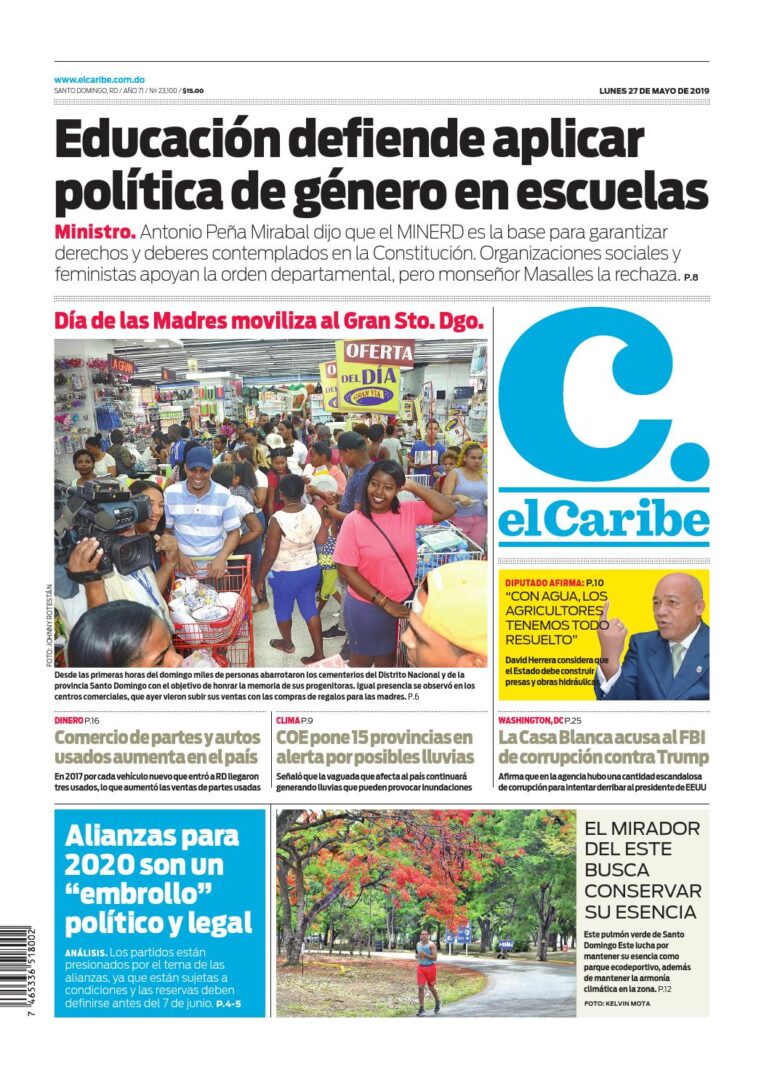 Portada Periódico El Caribe, Lunes 27 Mayo 2019