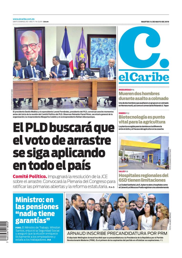 Portada Periódico El Caribe, Martes 14 Mayo 2019