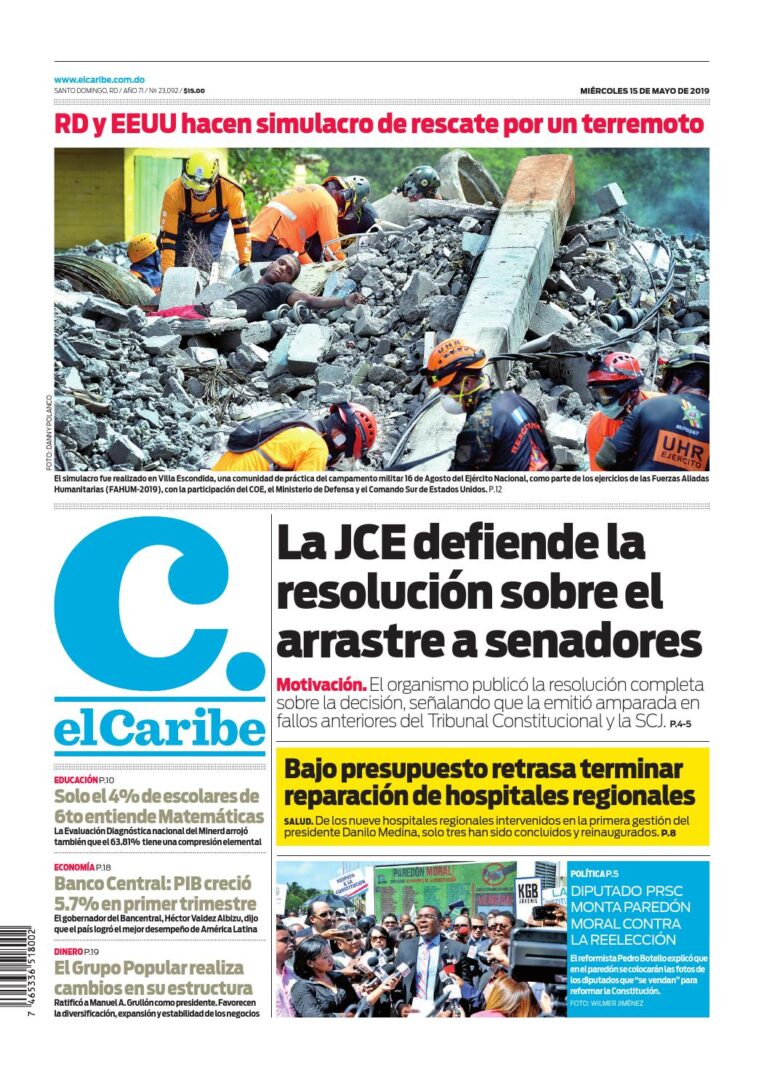 Portada Periódico El Caribe, Miércoles 15 Mayo 2019