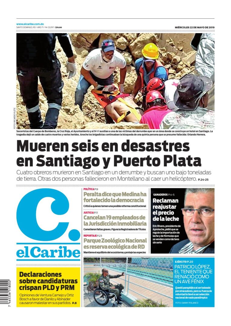 Portada Periódico El Caribe, Miércoles 22 Mayo 2019