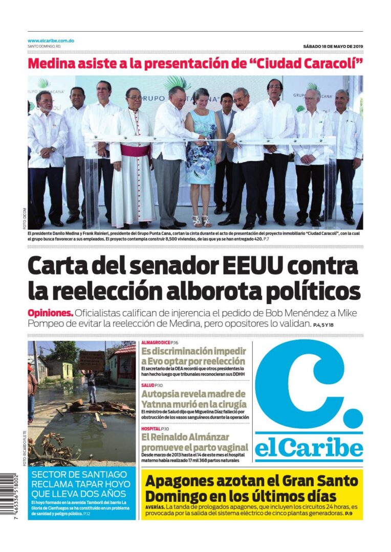 Portada Periódico El Caribe, Sábado 18 Mayo 2019
