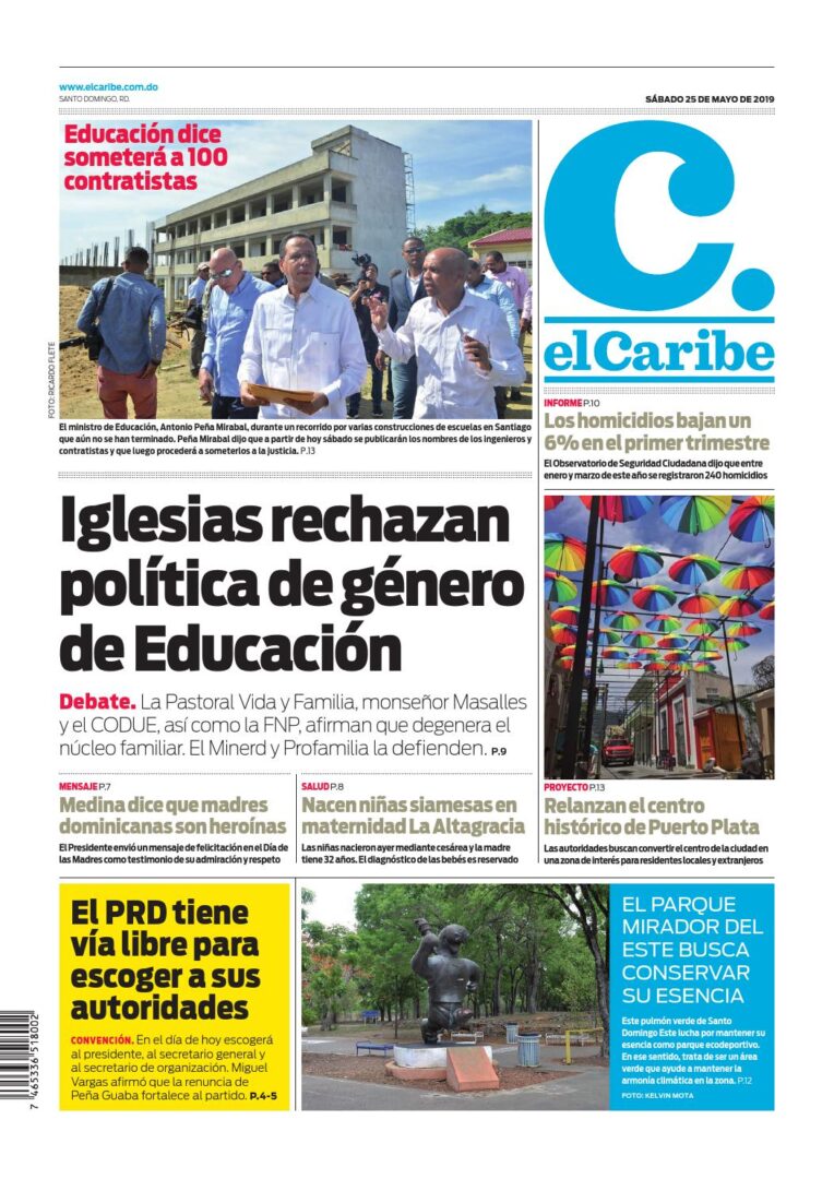 Portada Periódico El Caribe, Sábado 25 Mayo 2019
