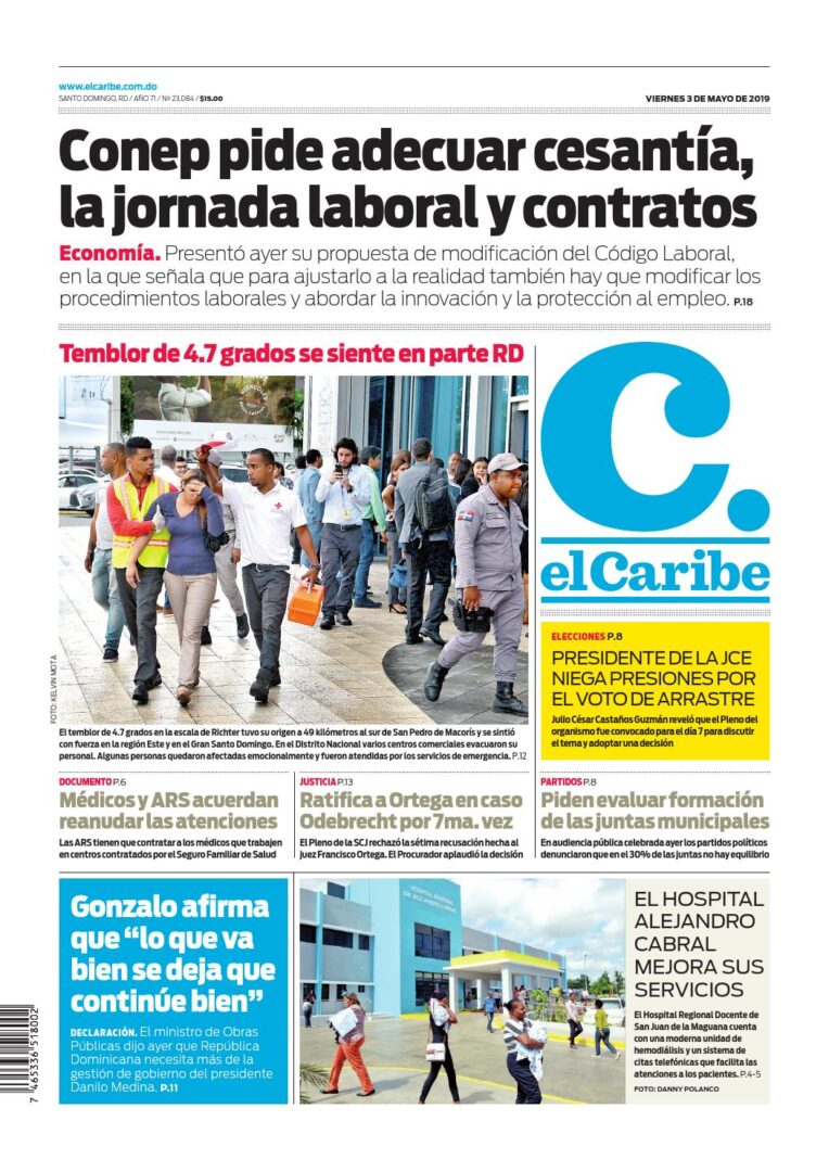 Portada Periódico El Caribe, Viernes 03 Mayo 2019