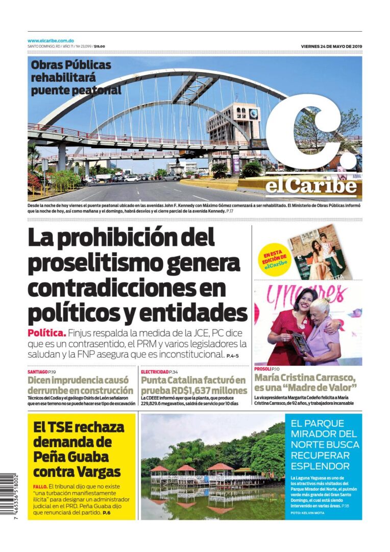 Portada Periódico El Caribe, Viernes 24 Mayo 2019