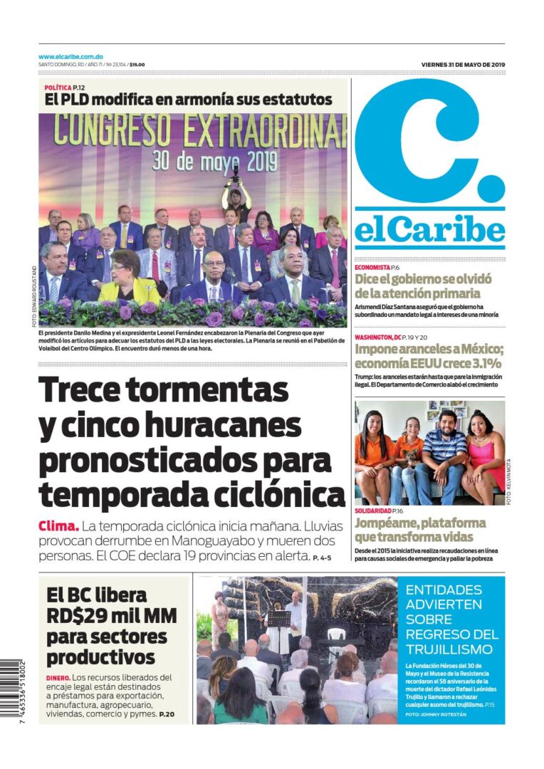 Portada Periódico El Caribe, Viernes 31 Mayo 2019