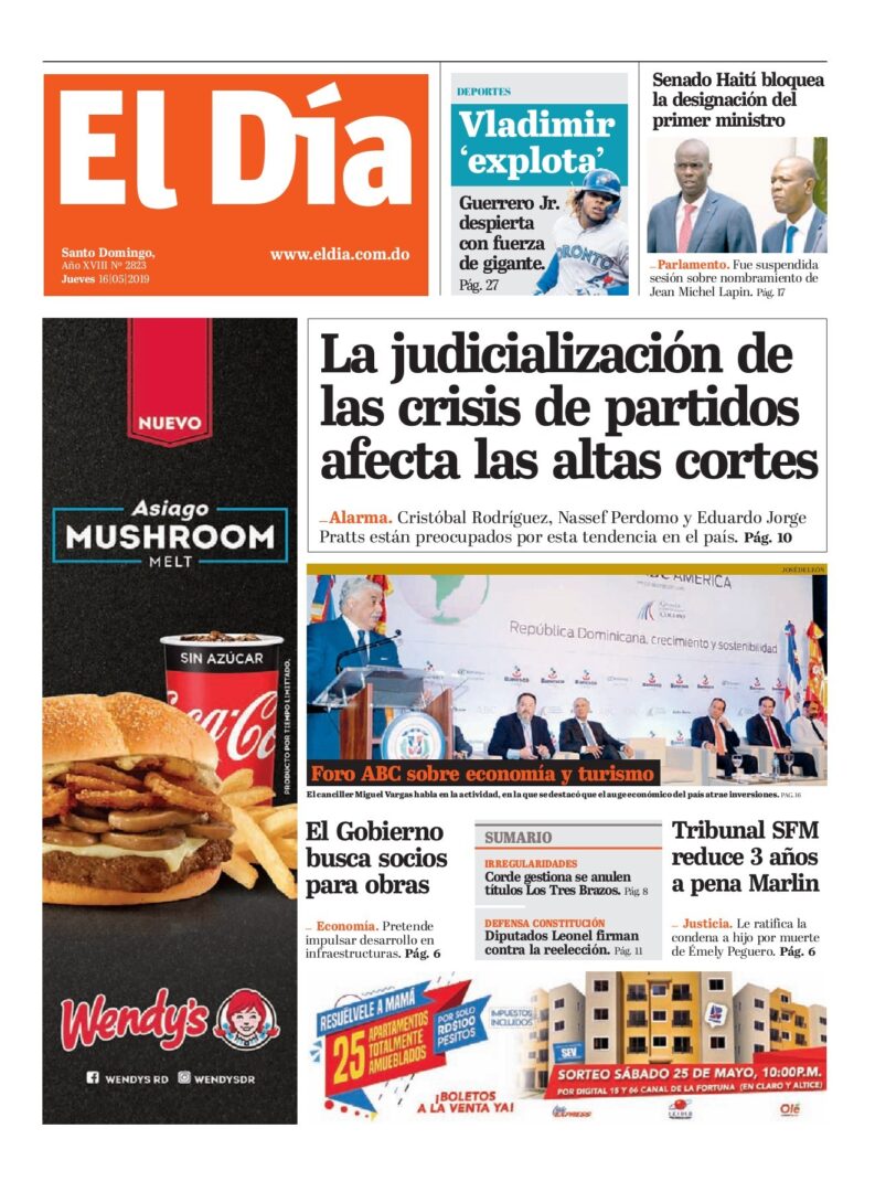 Portada Periódico El Día, Jueves 16 Mayo 2019