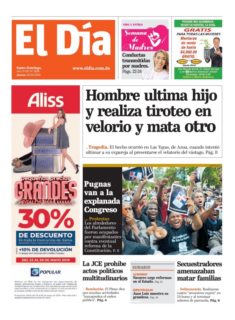 Portada Periódico El Día, Jueves 23 Mayo 2019