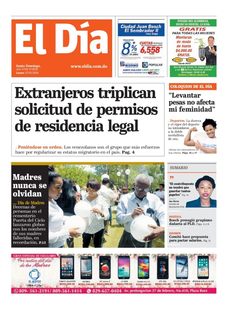 Portada Periódico El Día, Lunes 27 Mayo 2019