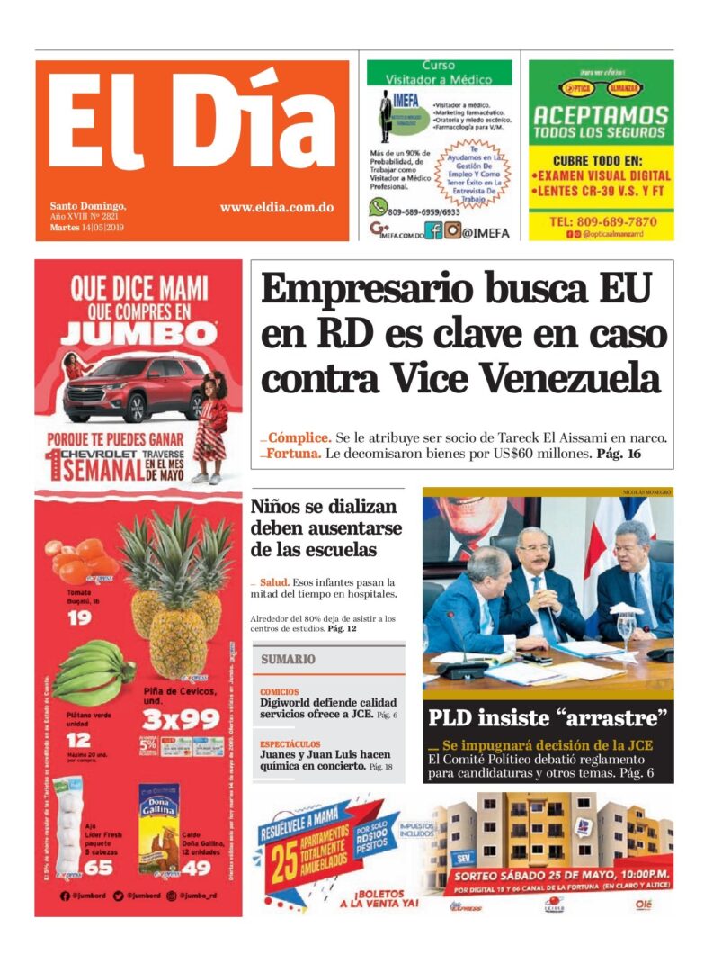 Portada Periódico El Día, Martes 14 Mayo 2019