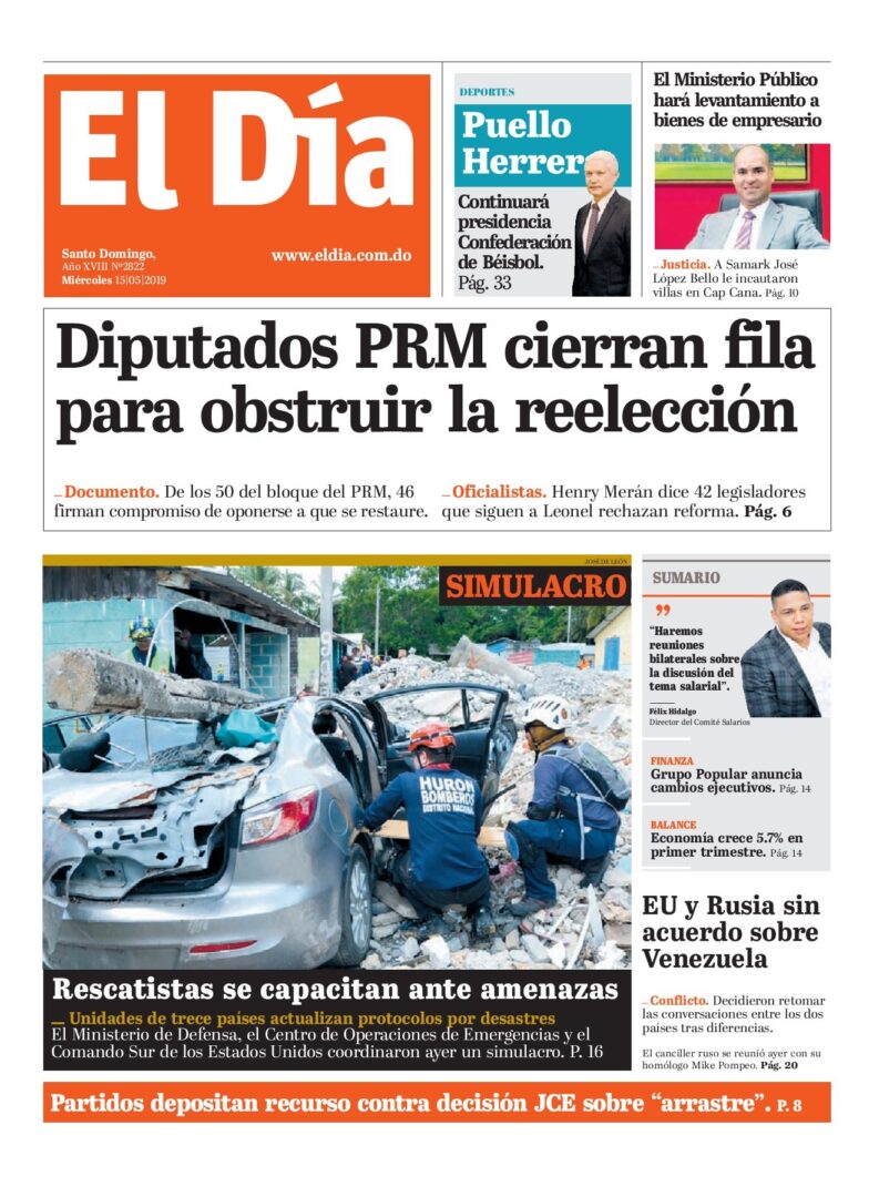 Portada Periódico El Día, Miércoles 15 Mayo 2019
