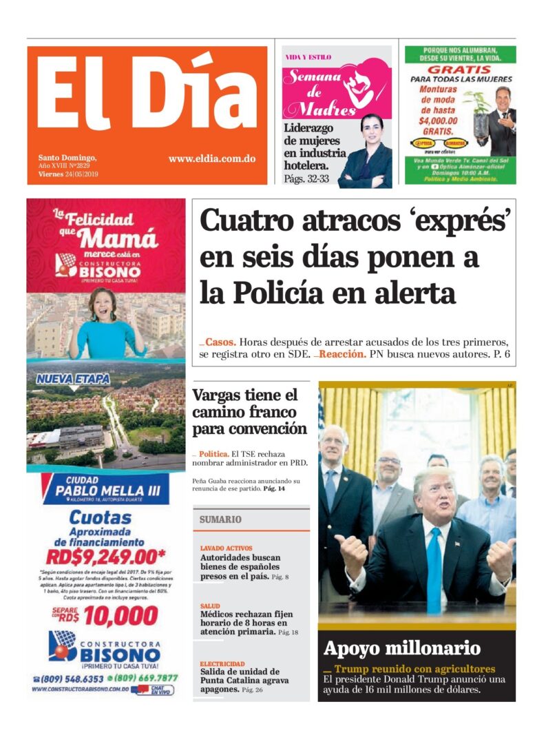 Portada Periódico El Día, Sábado 25 Mayo 2019