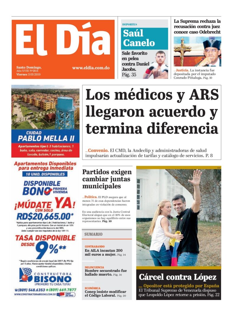 Portada Periódico El Día, Viernes 03 Mayo 2019