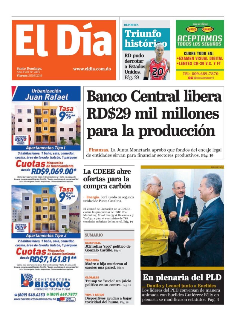 Portada Periódico El Día, Viernes 31 Mayo 2019