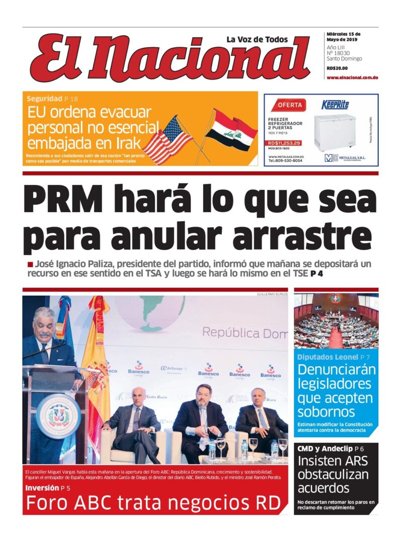 Portada Periódico El Nacional, Miércoles 15 Mayo 2019