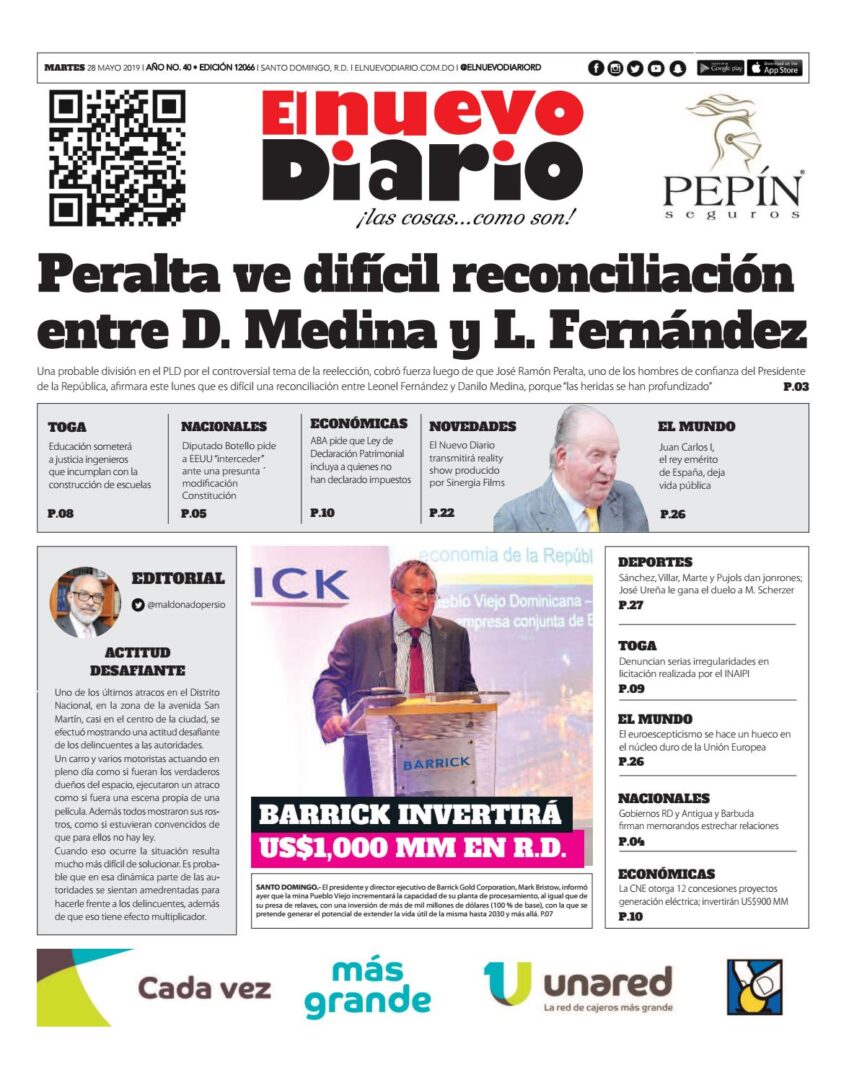 Portada Periódico El Nuevo Diario, Martes 28 Mayo 2019