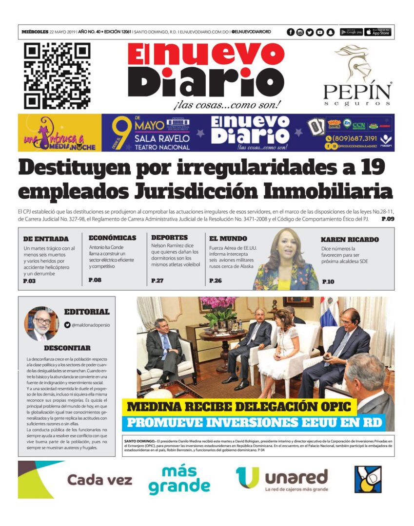 Portada Periódico El Nuevo Diario, Miércoles 22 Mayo 2019