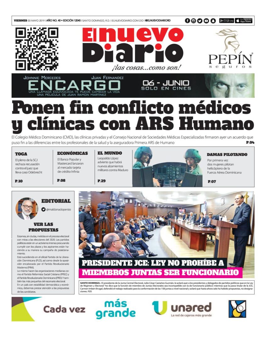 Portada Periódico El Nuevo Diario, Viernes 03 Mayo 2019