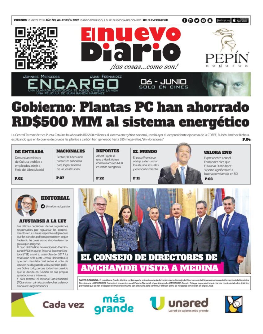 Portada Periódico El Nuevo Diario, Viernes 10 Mayo 2019