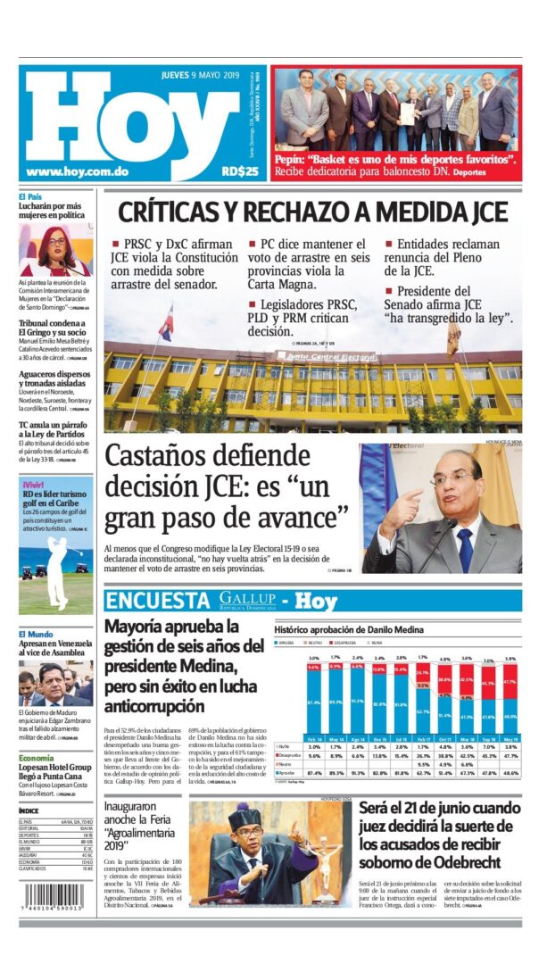Portada Periódico Hoy, Jueves 09 Mayo 2019