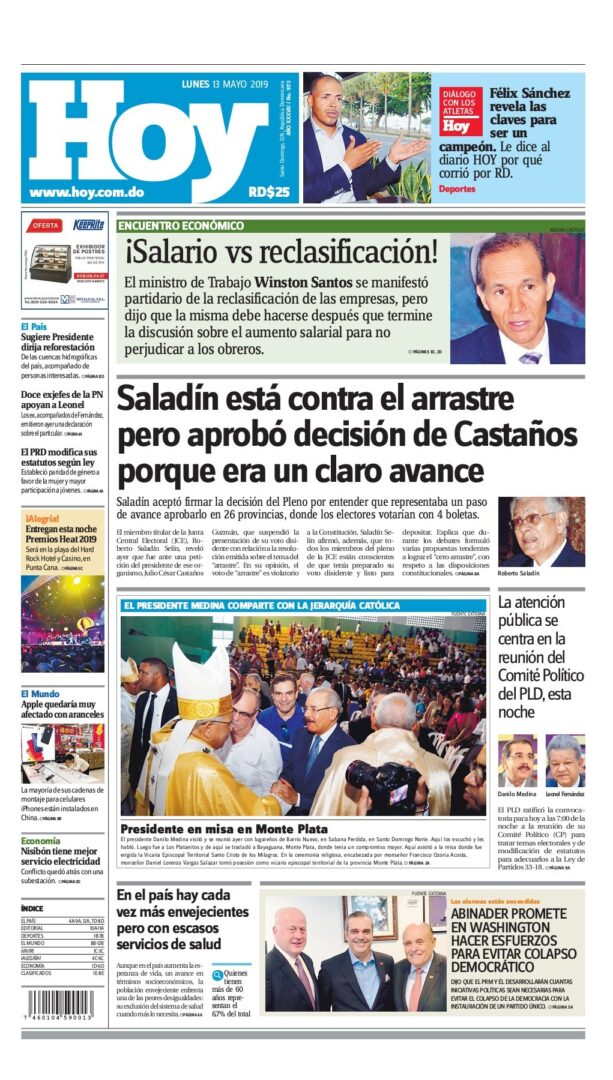 Portada Periódico Hoy, Lunes 13 Mayo 2019
