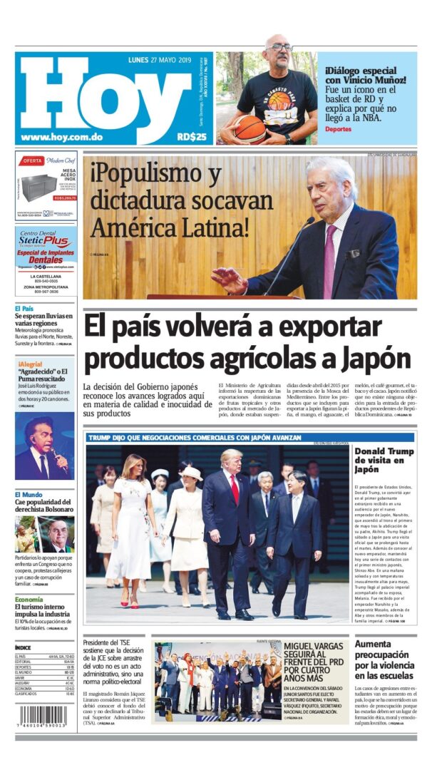 Portada Periódico Hoy, Lunes 27 Mayo 2019
