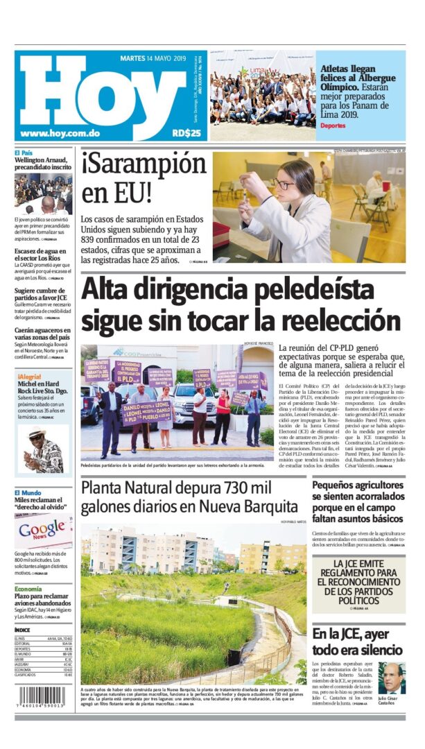 Portada Periódico Hoy, Martes 14 Mayo 2019